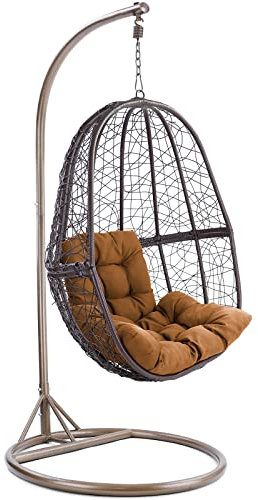 RAMROXX Luxus Hängesessel Fun XL Polyrattan Korb Braun Gestell Braun Kissen Braun