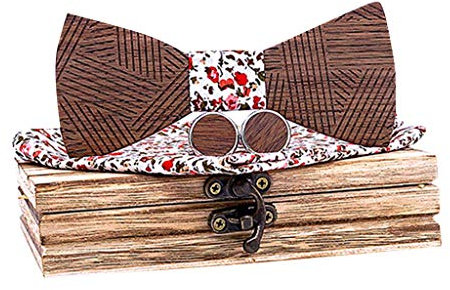 Treadyouth Holz-Set Holzkrawatte Herren und Hohle Schleife Geschnitzte Fliege Taschentuch Box manuelle Krawatte Krawatte Mit Bierhalter (C, One Size)