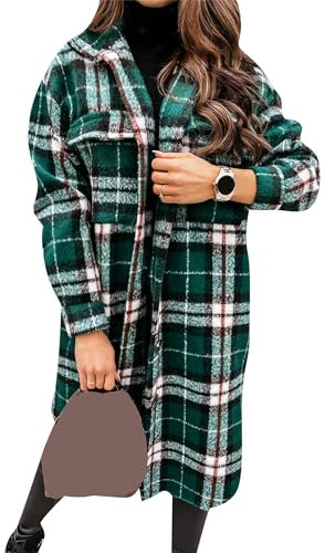 YMING Casual Tartan À Carreaux Lâche avec Poche pour Femmes Blouse Long Bûcheron Chemise Vintage Surdimensionné Vert M