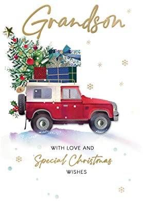 Grandson Red Jeep Embellished Christmas Card Hand-Finished Champagne Cards XCDC378