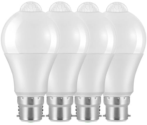 Weskjer Ampoule Detecteur de Mouvement B22 Baïonnette LED, 12W, 1020lm, Blanc Froid 6000 K, CIR > 85, étanches IP42 à économie d'énergie, non dimmable, Ampoule à Détecteur de Mouvement, 4Pcs