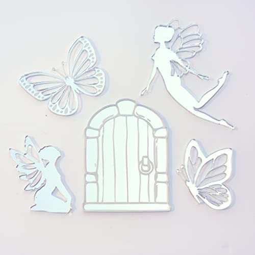 Fairy Door Cake Topper Butterfly and Fairy Cake Charm 5 piece Set Acrylic Fairy Garden Fairy Cake Decoration (Mirror Gold)