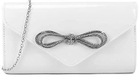 UShopUK Borsa a mano in pelle verniciata con fiocco diamantato, da sposa e sera, bianco, medium