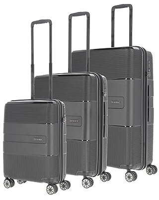Travelite 4-Rad Kofferset 3-teilig Hartschale, Größen L/M/S mit TSA Schloss, Gepäck Serie WAAL: Stabile Trolleys mit recyceltem Innenfutter