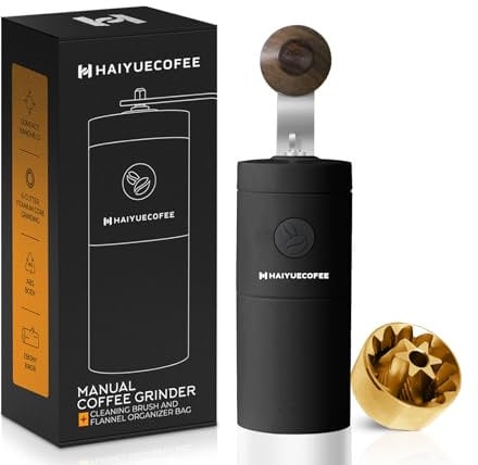 HAIYUECOFEE Manual Coffee Grinder - Hand Coffee Bean Grinder, Titanium-Coated Grinding Core - Aluminum Alloy Rocker with Ebony Wood Handle - Adjustable Grind Size - With Brush & Storage Bag (Black)