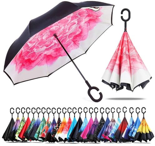 CICILIAYA Doppelschichtiger, faltbarer umgekehrter Regenschirm, selbststehend, umgedrehter Regenschutz, Auto-Umkehrschirme mit C-förmigem Griff, großer gerader Regenschirm, rosa (1), 31.5 inch
