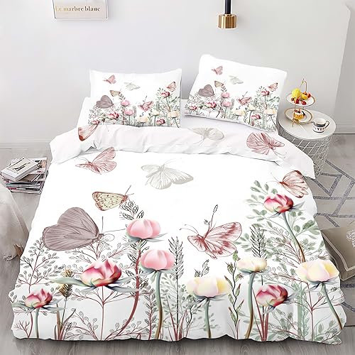Linfye Housse de Couette 220x240 cm Blanche Fleur Parure de Lit Adulte avec Fermeture Éclair, Papillon Linge de Lit Parure Housse Couette 2 Personnes en Microfibre + 2 Taie d'oreiller 65x65 cm