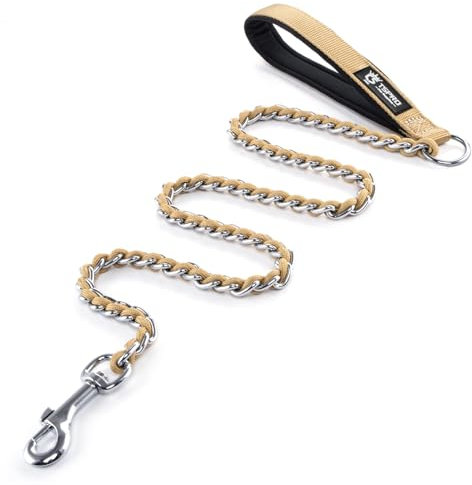 TSPRO Hundeleine Kette, Hundekette Leine Bissfest mit Weichem Griff, Leine Metall Hunde Kette für Mittelgroße und Große Hunde, mit D-Ring Rostfrei Anti-Kauen Kettenleine (3MM, Gold)