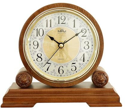MPM Quality Retro Wood Tischuhr, Traditionelle und Elegante Holztischuhr, Präziser Quarz-Schrittmotor, schöne Tisch Dekoration für Wohnzimmer, Küche oder Büro