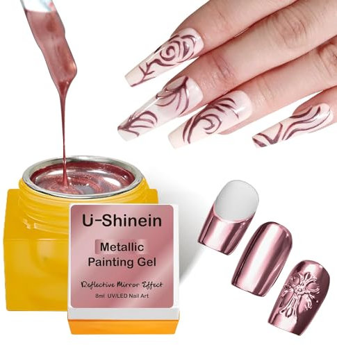 U-Shinein 8ml Gel Métallique à Peindre, Vernis à Ongles 3D Miroir, Peinture Liner DIY Nail Glossy, Besoin Durcir, Rose Gold