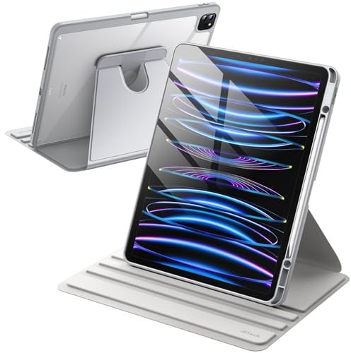 JETech Rotierende Hülle für iPad Pro 12,9 Zoll (2022/2021/2020/2018) mit Stifthalter, 360 Grad Drehbare Schutzhülle Ständer Transparente Rückseite, Auto Wachen/Schlafen (Silber)
