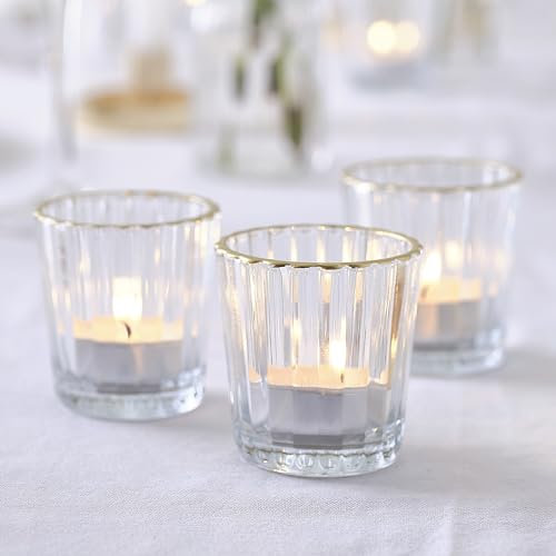 Ginger Ray 3X Ribbed Glass Tealight Holders with Gold Trim Wedding Table Decorations 5.5cm