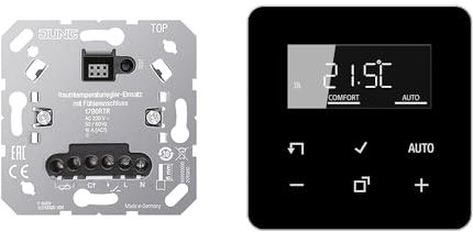 JUNG Home Raumthermostat-Set mit 1790RTR Raumtemperaturregler-Einsatz mit Fühleranschluss + BTCD1791SW Raumthermostat-Display Glas Schwarz Serie CD