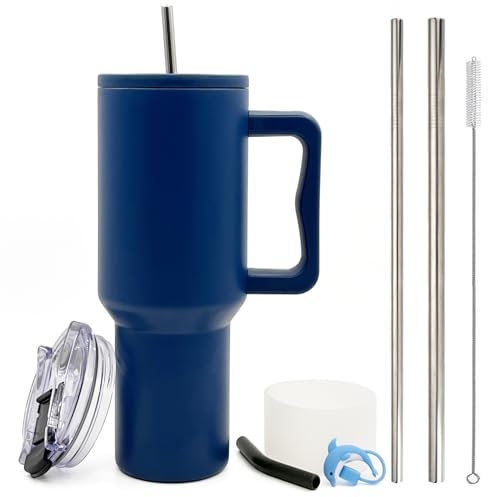 FloweryOcean 1200ml 40oz Kaffeebecher to Go,Doppelwandiger Edelstahl Vakuum Isolierbecher mit Griff und Stroh,Autobecher Thermobecher,Kaffeetasse für Heißer, Kalter Getränke,05-Dunkelblau