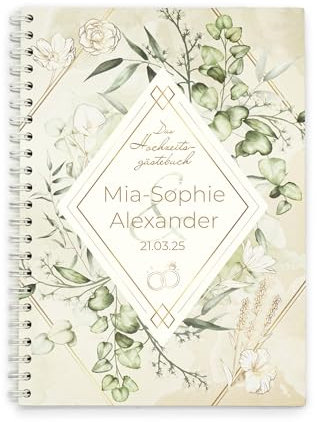 familiawedding personalisiertes A4 Greenery - Design Gästebuch zur Hochzeit, romantisches Hochzeitsgästebuch mit lustigen Fragen zum Ausfüllen