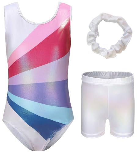 FEOYA Turnanzug für Mädchen mit Hose Ärmellos/Langarm Gymnastikanzug mit Haarband Set Kinder Gymnastik Trikot Shorts Gymnastik Tanzen Kleidung 130-140
