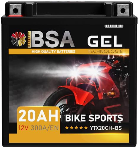 BSA YTX20CH-BS GEL Motorradbatterie 12V 20Ah 300A/EN Batterie doppelte Lebensdauer entspricht 51892 vorgeladen auslaufsicher wartungsfrei