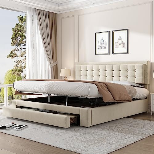 Lit Coffre 180 x 200 cm,Cadre de lit 2 Personnes avec Caisson et tiroirs,Tissu Velours,lit Double capitonné,avec sommier à Lattes,Grand Rangement,Beige(sans Matelas)