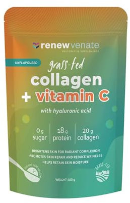RenewVenate Grassfed Hydrolyzed Collagen Peptides with Vitamin C & Hyaluronic Acid – Premium Bovine Collagen Powder for Radiant Skin, Hair, Nails & Joint Health – Non-GMO, Gluten-Free, Keto-Friendly