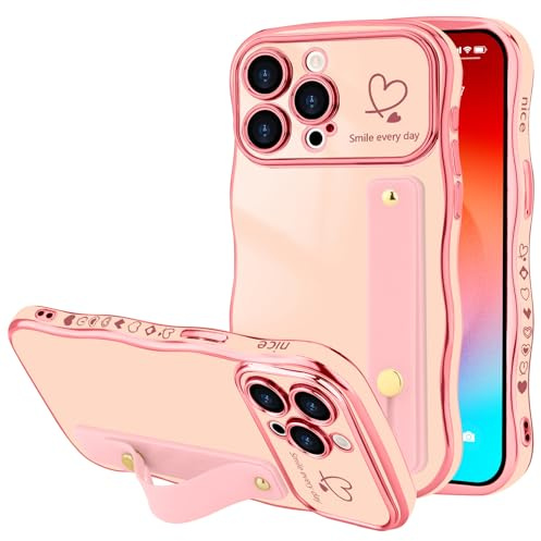 LLZ.COQUE for iPhone 15 Pro Max Wristband Case Wave Frame Plaitng Heart | Adjustable Hand Strap Stand Cover, Cute Love-Heart with Luxury Plating Wavy Frame, Shockproof Bumper Phone Case, Pink