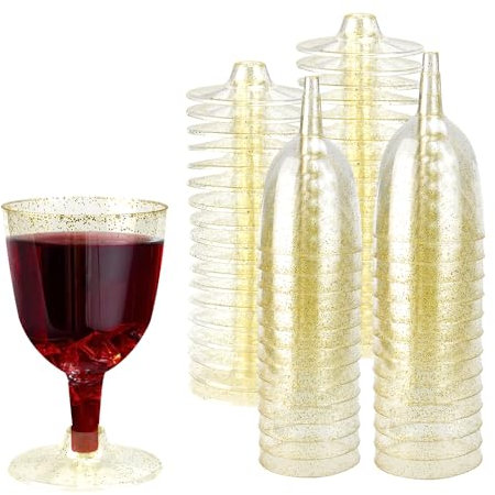 LIMITADA 50 Stück Weingläser aus Plastik mit Goldglitter 170ml Weingläser Kunststoff Wiederverwendbare Party Weinbecher Rotweingläser Cocktailgläser Dessertbecher für Getränke Whisky Champagner Bier