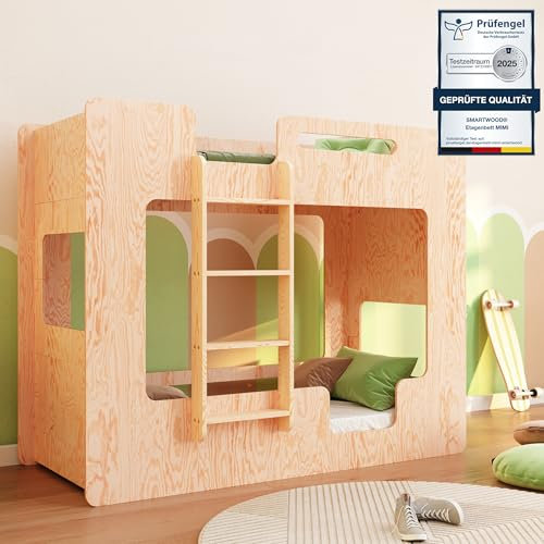 smartwood Etagenbett 2 Kinder 100x200 - Holz - Leiter Links - Hochbett Mimi BL mit Lattenrost & Rausfallschutz für Jungen & Mädchen - Belastbar bis 230 kg