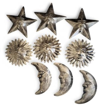 Mango Gifts Rustic Sun Moon Star Metal Wall Art | 9 Piece Antique Gold Set | Vintage Celestial Wall Hanging Decor for Boho, Farmhouse & Outdoor Garden | Sun & Moon Face Home Decoration