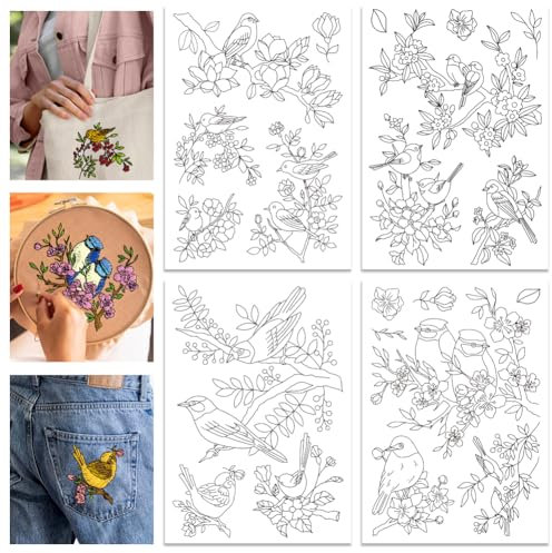 GLOBLELAND 4 fogli 12 pezzi Fiori e Uccelli Adesivo e Punto Stabilizzatore Idrosolubile per Ricamo A Mano per Fai Da Te Cucito Ricamo Adesivo Stabilizzatore per Cucito A Mano Tessuto Non Tessuto