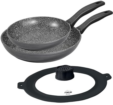 STONELINE Set di Padelle Alluminio Pressofuso 3 Pezzi 24/28 cm Padella con Coperchio Filtro Antiodore Cappa Aspirante, Padella Antiaderente con Vere Particelle di Pietra, Tutti Piani Cottura Induzione