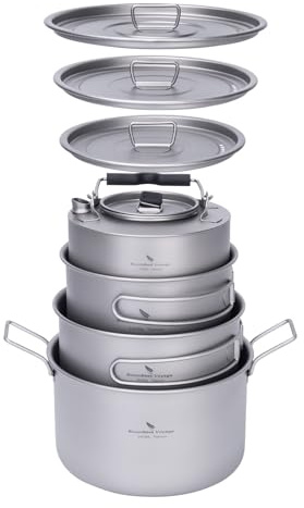 Boundless Voyage Titanium Camping Cookware Mess Kit Foldable Cooking Pot Set and Kettle for Backpacking, Outdoor, Picnic, Hiking, Travel, BBQ Ti2109C+Ti3100D