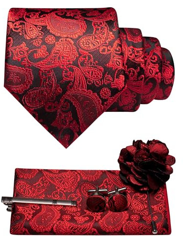 JEMYGINS Herren Paisley Krawatte mit Einstecktuch Krawattenklammer Blumenbrosche und Manschettenknöpfen Set Rot