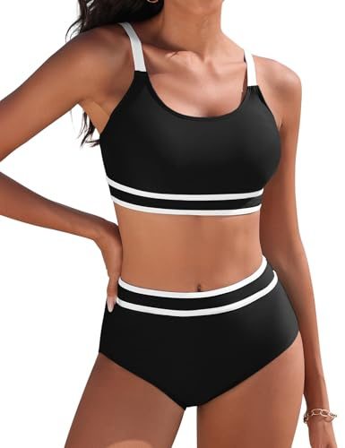 Yuson Girl Costume da Bagno Donna Due Pezzi Push Up Imbottito Reggiseno Bikini Donna Mare Regolabile Costumi da Bagno Scollo a U Patchwork a Righe Bikini Vita Alta Bikini da Spiaggia(Nero, L)
