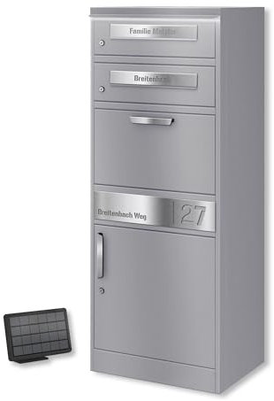 Metzler Paketbox mit 2 Briefkästen und LED solar Beleuchtung, 2er Briefkasten mit Paketfach & Namensgravur, Gravurplatten aus Edelstahl - Großer Outdoor Paketbriefkasten in Graualuminium - Bispo 2