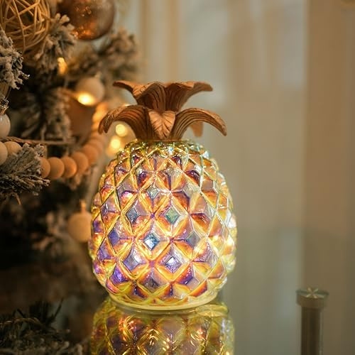 hvfun Ananas-Licht aus schillerndem Glas – Batteriebetriebene LED-Lampe mit Dauerlicht- und Blinklicht-Modus, 6-Stunden-Timer – Ideal für tropische Dekorationen und Geschenke