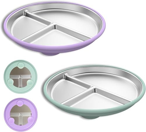 Vasmeiy Set de Alimentación para Bebés, de acero inoxidable, con compartimentos y tapa de silicona extraíble, con cuchara y tenedor, para bebés, niños Alimentación Segura y Fácil (azul/verde)