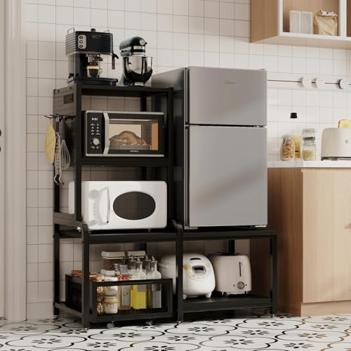 Mini Fridge Stand with Storage,Mini Fridge Cabinet,Bakers Rack with Power Outlet ,Coffee Bar Cabinet,Microwave Oven Stand Rack with Large Capacity Basket for Dorm Home Office(Black Wood Grain)