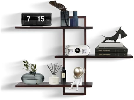 3-stöckige Wandregale,dekoratives schwebendes Regal für die Wand,Pflanzen- und Fotoregal zur Aufbewahrung und Präsentation,Holzregal für Wohnzimmer,Schlafzimmer,Home-Office-Dekor,groß,57cm,Walnuss