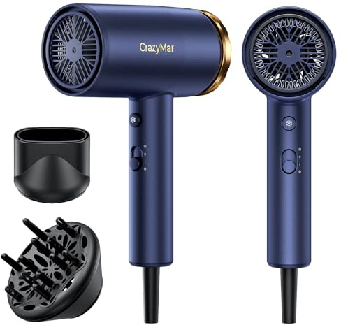 CrazyMar Ionen Föhn 1800W Haartrockner, Trocknet Schnell Hair Dryer, 3 Geschwindigkeitsstufen & 3 Temperaturen, 3,5 Milliarden Ionen Fön, Ausgestattet mit Concentrators and Diffuser (Blau)