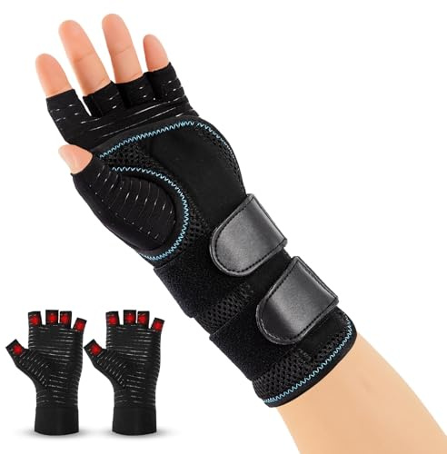 1 Handgelenkstütze mit 3 Schiene & 1 Paar Arthrose Handschuhe (Rechts, M) | Verstellbare Handgelenkschiene, Handschiene für Tendinitis, Arthritis, Karpaltunnelsyndrom und Verstauchungserholung