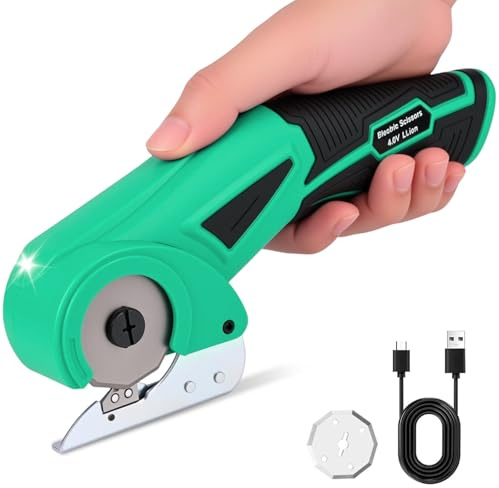 Euakee 4V Tijera Eléctrica Inalámbrica con Batería 2000mAh, 2 Cuchillas Autoafilables, Cortador Universal para Cartón, Alfombra, Cuero, Fieltro, Plástico y Papel