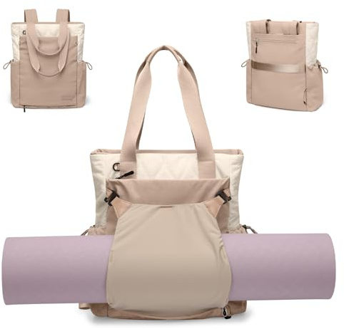 GOLF SUPAGS Convertible Laptop Rucksack Damen Yogatasche Sporttasche, Gesteppte Tragetasche, Yogamatten Tragetasche für Reisen, Fitness, Yoga, Büro und Einkaufen (Kiesbraun & Beige)