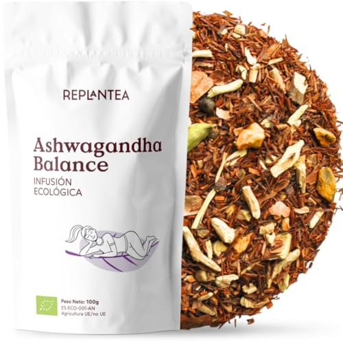 Organic Ashwagandha Balance Tea 100g | Adaptogenic Stress Relief Blend with Turmeric & Ginger | Calming Rooibos Chai Spices for Wellness | Caffeine-Free Loose Leaf Herbal Infusion REPLANTEA