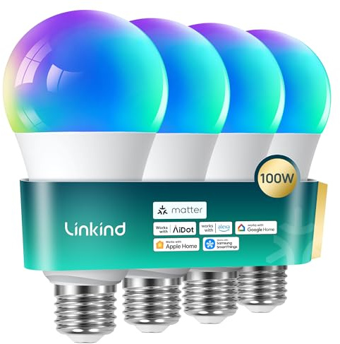 Linkind Matter smart glühbirne E27, 1600lm smart homekit lampe (104 Szenen) 14W ersetzt 100W WLAN LED Lampe RGBTW 2,4-GHz kompatibel Apple HomeKit/Alexa/Siri/Google/SmartThings, 4 Stück
