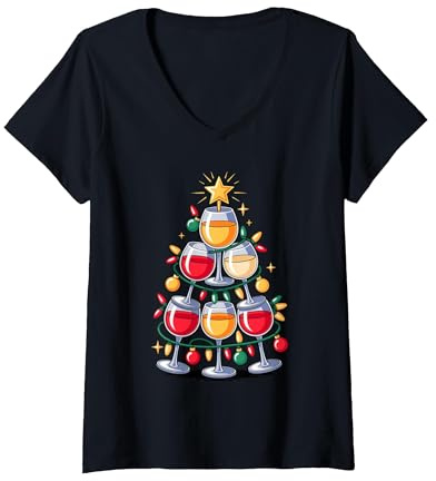 Femme Sapin De Noël Verre À Vin T-Shirt avec Col en V, Noir, S