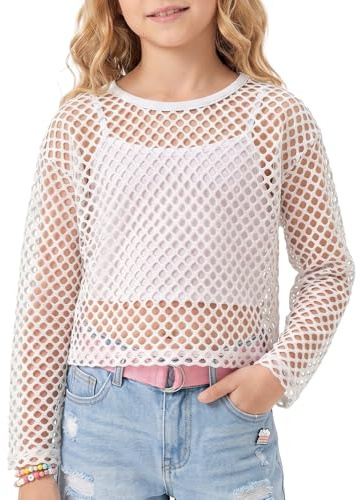 Spring&Gege Girls Mesh Long Sleeve Blouse, Sheer Fishnet See Through T-Shirt, Neon Hollow Out Crop Top, Y2K Retro Rave Party Summer Beach Cover Up Outfit