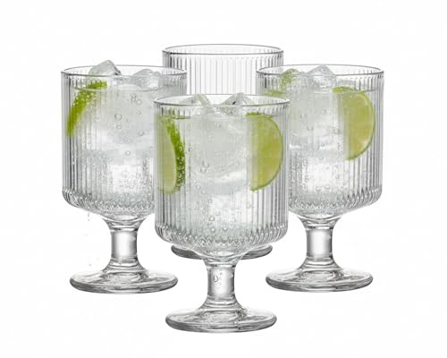 Ribbed Wine Glasses, 6 oz Clear Fluted Water Goblet Glasses, Set of 4, Short Stem, Vertical Stripe Design, for Cocktails Wine Whisky Champagne Juice (Clear Wineglass)