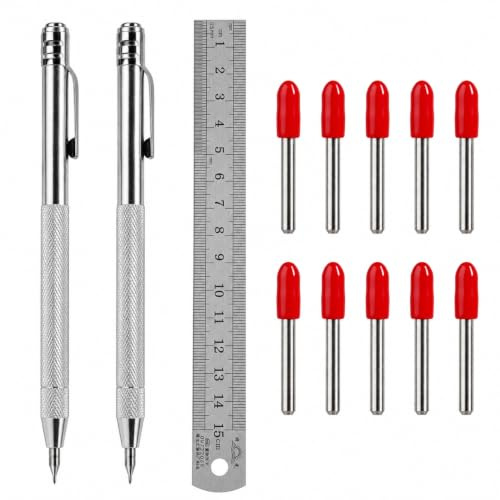 2 Pièces Stylo de Marquage Carbure De Tungstène avec Aimant 10 Pointes | Outil de Marquage Métal avec règle acier 15 cm, pour verre, céramique, pierre et plastique
