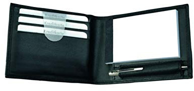 Alassio 43035 - Notizblock-Etui Gubbio aus Nappaleder, Mäppchen in schwarz, Etui ca. 11 x 8 x 2 cm, Ledermäppchen mit A8 Notizblock, 3 Einschubfächer und Minikugelschreiber Metall