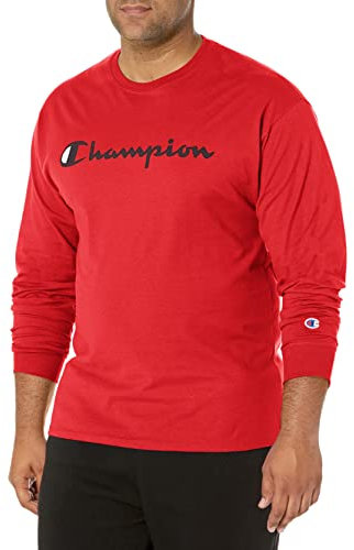 Champion Men's Classic Jersey Long Sleeve Graphic T-shirt T Shirt, Scarlet/Chest Champion Script, M UK