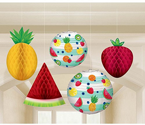 (PKT) Hawaiian Hanging Honeycomb Fruit Decorations (5 pk)
